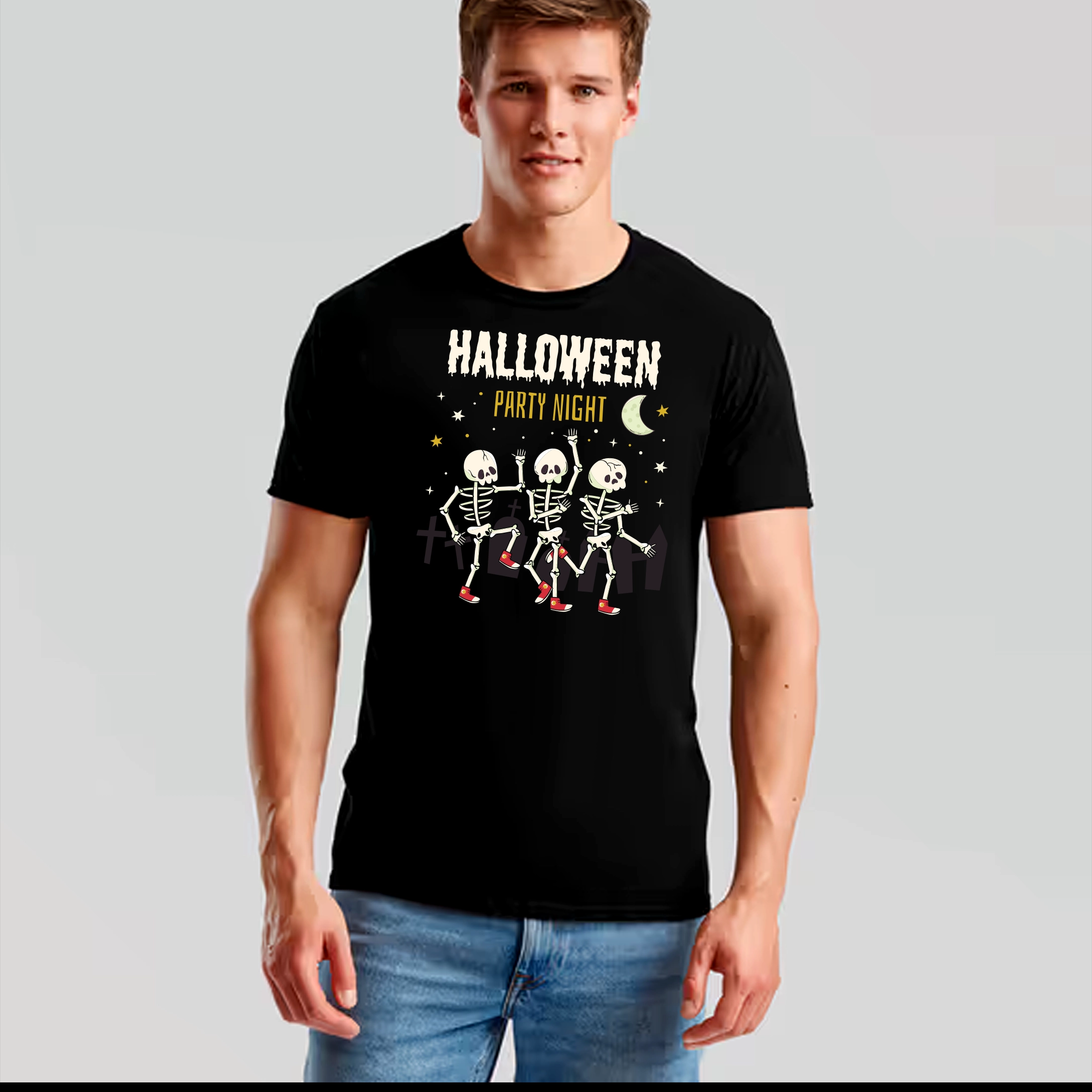 T-shirt adulte avec des squelettes qui font la fête pour Halloween